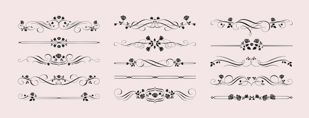 Gothic rose dividers gothcore borders with vintage calligraphic flourish and rose flowers decorative vector set