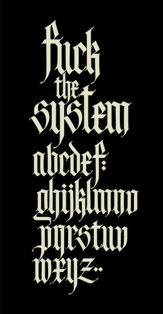 Gothic style alphabet letters and symbols on a black background calligraphy with a white marker