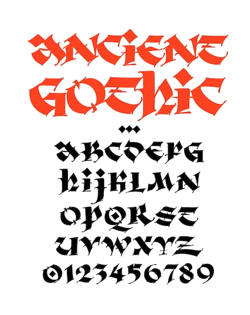 Numeri vettoriali gotici lettere nere latine medievali su sfondo bianco calligrafia e scritte