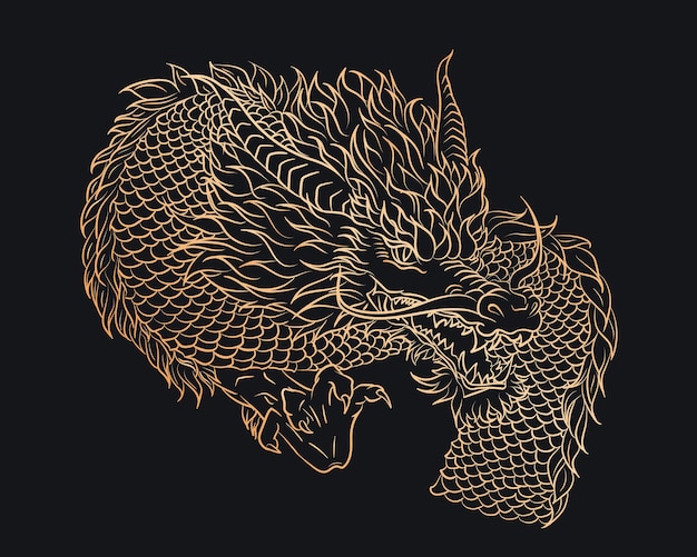 Готический винтажный плакат с золотым силуэтом восточной змеи-дракона на синем фоне