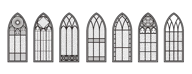 Set di contorni di finestre gotiche silhouette di cornici di chiese in vetro colorato vintage