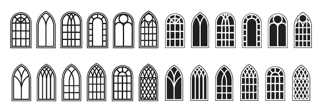 Set di contorni di finestre gotiche silhouette di cornici di chiese in vetro colorato vintage