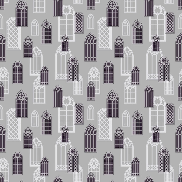 Vector gothic windows seamless pattern silhouette of vintage stained glass church frames