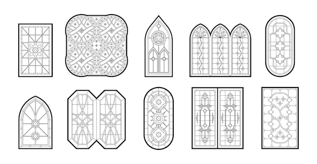 Gothic windows Vertical geometrical big window frames with catholic mosaic decoration garish vector illustrations set
