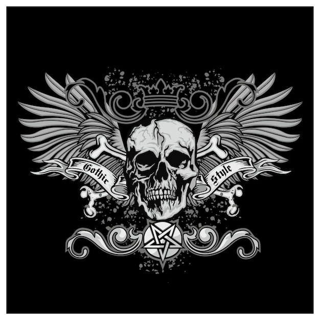 Gotisch bord met schedel en vleugels, grunge vintage design t-shirts