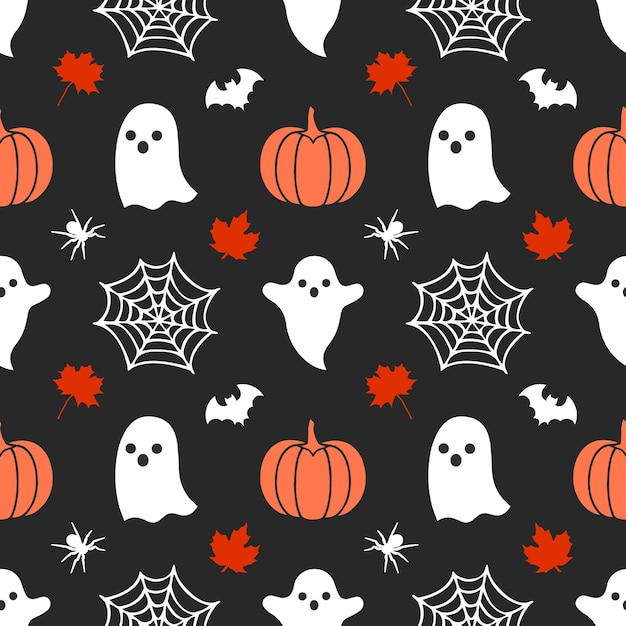 Gotisch Halloween naadloos patroon dat bestaat uit pompoenen, spoken, esdoornbladeren, vleermuizen, spinnen en web.