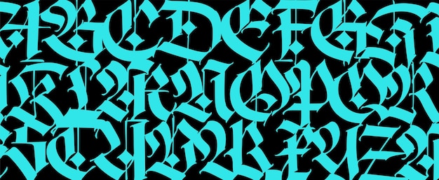Gotisch opengewerkt lettertype Het patroon is horizontaal met turquoise middeleeuwse letters