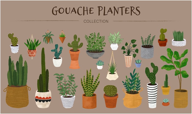 Vector gouache planters collection