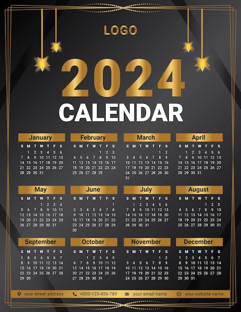 Goud 2024 kalender ontwerp sjabloon vector kleurovergang luxe kalender