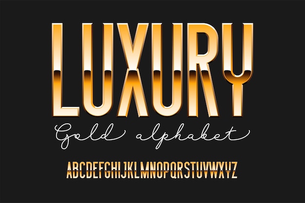 Goud gecondenseerd modern alfabet. Sans serif metalen lettertype. technologie typografie gouden letters.