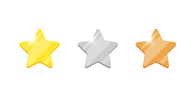 Goud zilver bronzen badge ster beloning icon set voor computer video game of mobiele apps animatie. Eerste tweede derde plaats bonus prestatie award. Winnaar trofee geïsoleerde platte teken vectorillustratie