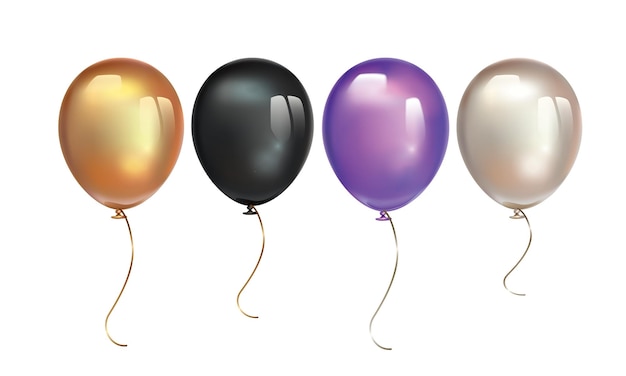 Goud zwart ultra violet ballon en parel ballon met weerspiegelt geïsoleerd op witte achtergrond Verjaardag ballon set Opblaasbare lucht vliegende ballon realistische 3D vectorillustratie