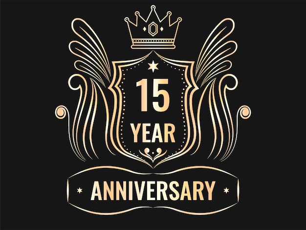 Gouden 15e verjaardag embleem logo op zwarte achtergrond