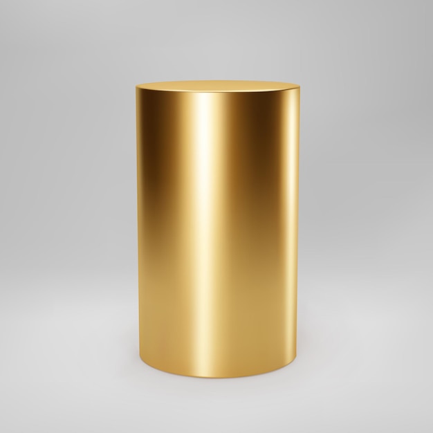 Vector gouden 3d cilinder vooraanzicht met perspectief geïsoleerd op een grijze achtergrond. cilinderzuil, gouden pijp, museumpodium, sokkel of productpodium. 3d geometrische basisvorm vector.