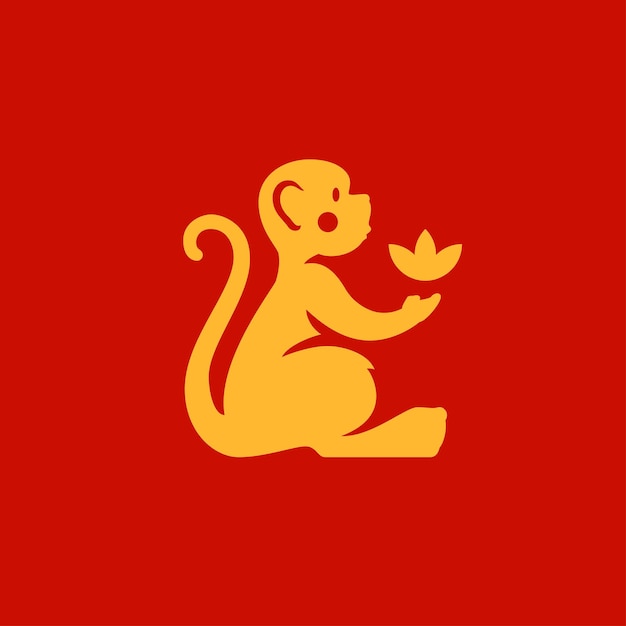 Gouden aap met bloem Chinees Nieuwjaar zwart-wit pictogram vector vlakke afbeelding