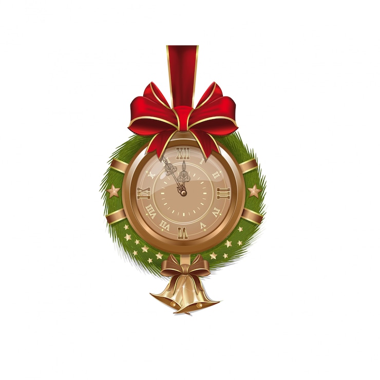 Vector gouden antieke klok binnen fir kerstkrans met klokken. kerstboeket voor decoratieontwerp.