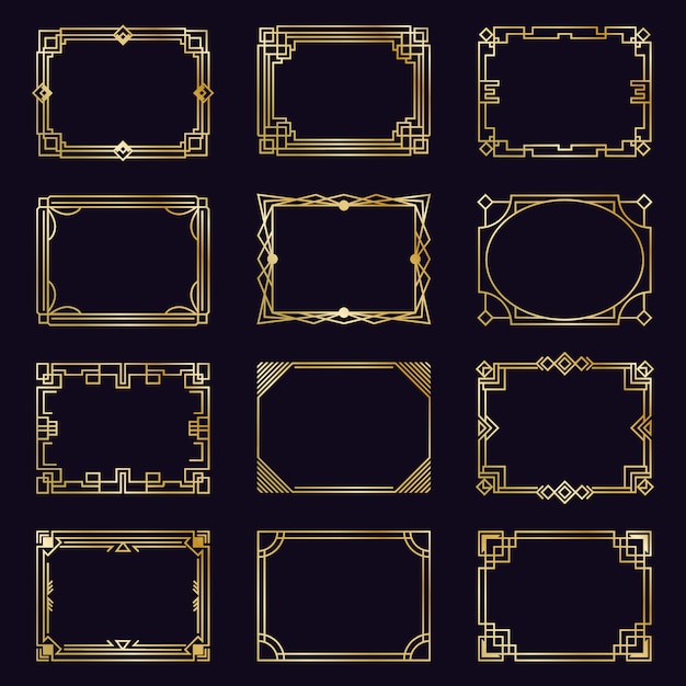 Gouden art deco kaders. Moderne gouden elegante grenzen, Arabisch geometrisch decoratief ornamentkader, antieke decoratieve elementen geplaatste pictogrammen. Grenskader, geometrische gouden filigraan illustratie