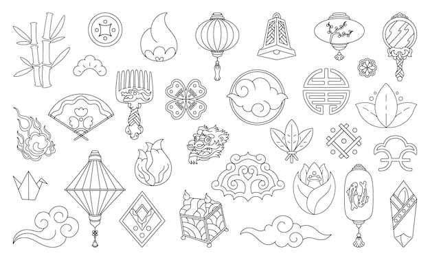 Vector gouden aziatische grafische traditionele chinese symbolen outline wolken en lantaarns oosterse texturen lotusbloemen zon of maan origami kraan japanse lijn iconen vector ontwerp elementen set