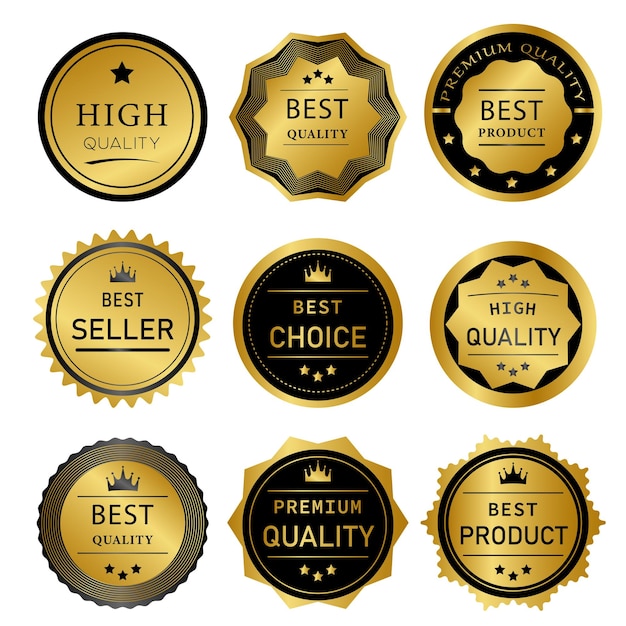 Gouden badges zegel kwaliteitslabels verkoop medaille badge premium stempel gouden echte embleem vector set voorraad