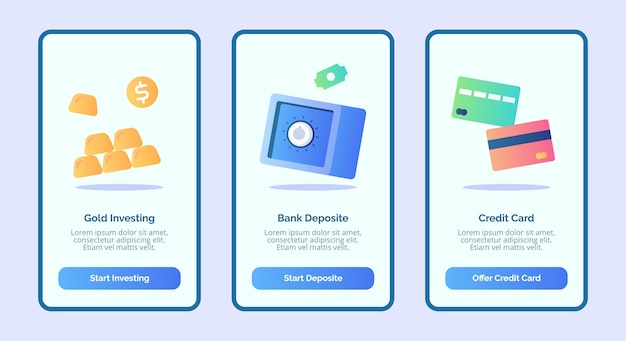 Gouden bankstorting creditcard voor mobiele apps sjabloon banner pagina ui