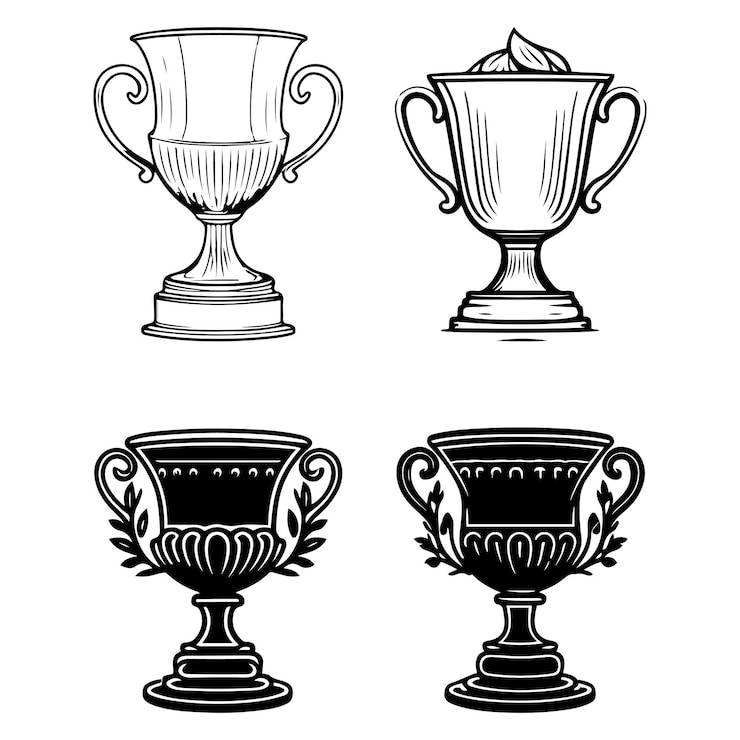 Vector gouden beker, prijsbeker, gouden trofee pictogrammen zwarte omtrek vectorillustratie.