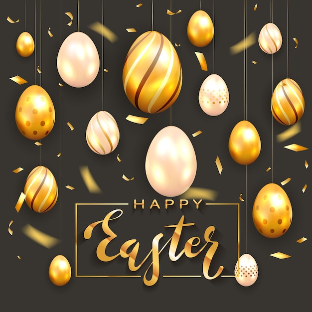 Gouden belettering Happy Easter en paaseieren op zwarte achtergrond met luxe elementen en confetti. Vakantie thema. Illustratie kan worden gebruikt voor vakantieontwerp, banners, website, wenskaarten.