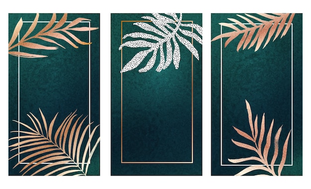 Gouden blad op groenblauw folie textuur banners set. luxe achtergrond met gouden varenblad tropische bladeren. verticale kaart vector ontwerp.