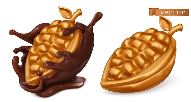 Vector gouden cacaofruit en chocoladeplons 3d reeks