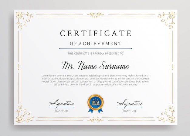 Gouden certificaat van prestatie grens sjabloon met blauwe badge A4-formaat