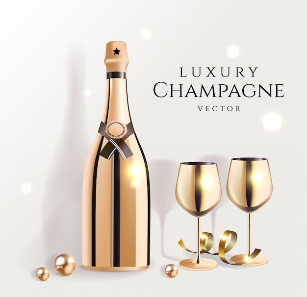 Gouden champagneflessen met wijnglazen, producten van luxe de feestelijke alcohol voor viering, illustratie.