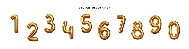 Gouden cijferballonnen 0 tot 9. Folie- en latexballonnen. Heliumballonnen. Feest, verjaardag, jubileum en bruiloft vieren. Realistische ontwerpelementen. Feestelijke set geïsoleerd. vectorillustratie