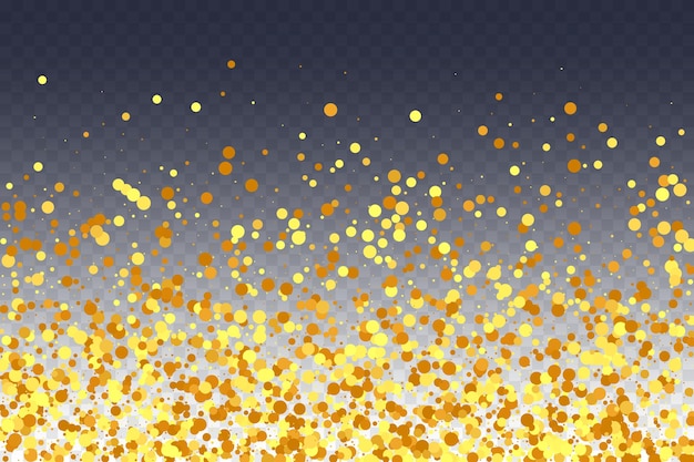 Gouden confetti op rood. Geïsoleerde Gouden Stofdeeltjes. Vloeiende verjaardagskaart. Willekeurige bruids achtergrond. Folie rand. Geometrische jubileumachtergrond. Vector Ronde Bokeh. Abstracte iriserende achtergrond.