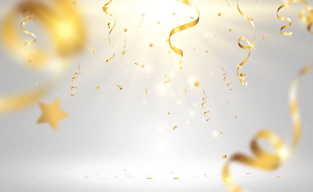 Gouden confetti valt op een mooie achtergrond Vallende slingers op het podium
