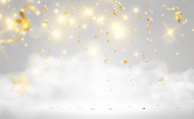 Gouden confetti valt op een mooie achtergrond vallende slingers op het podium