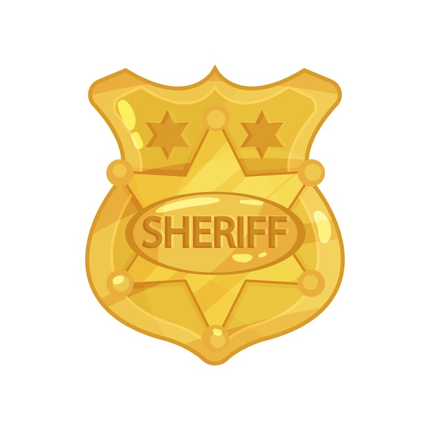 Gouden cop s badge met sterren en gegraveerde woord sheriff. Messing politieman jetton ontwerp. Publieke veiligheid. Politieagent symbool. Cartoon vectorillustratie in vlakke stijl geïsoleerd op een witte achtergrond.