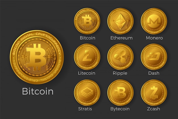 Gouden cryptocurrency munt pictogrammensets