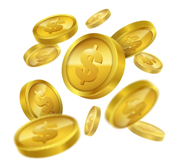 Gouden dollar geld munten vliegen op witte achtergrond