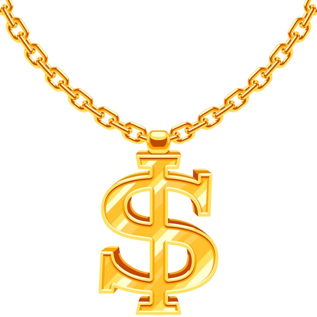 Gouden dollarteken op gouden ketting hiphop rap stijl ketting. amerikaans geld en financieel