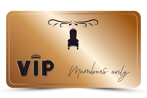 Gouden elegante vip-kaart, cadeaubon, klantenkaart 3D-tekst, kroon, silhouet van troon. Vector