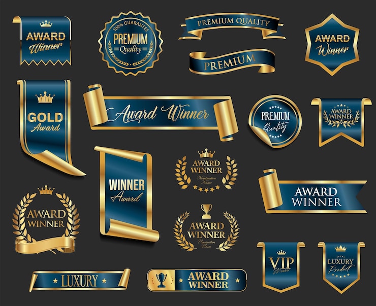 Vector gouden en blauwe onderscheiding badges
