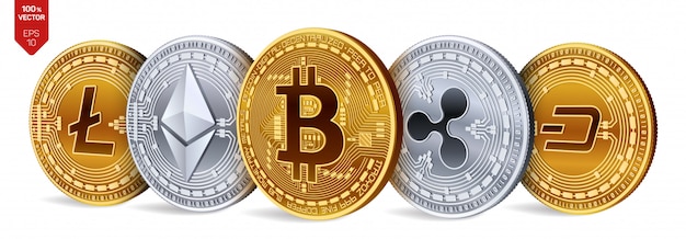 Gouden en zilveren munten met bitcoin, rimpel, ethereum, dash en litecoin-symbool. Cryptogeld.
