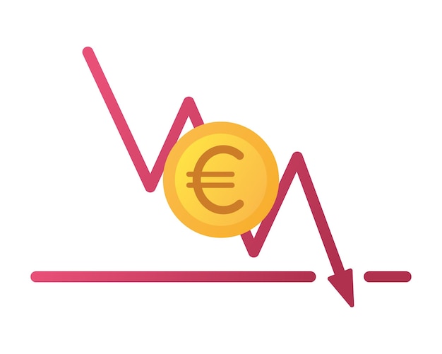 Vector gouden euromunt en een grafiek waar de lijn met een pijl naar beneden gaat en door de bodem breekt. eur