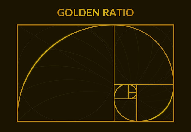 Gouden fibonacci-getal, gulden snede, poster met spiraalaandelen. Fibonacci perfecte verhouding gulden snede vector achtergrond illustratie. Gulden snede teken