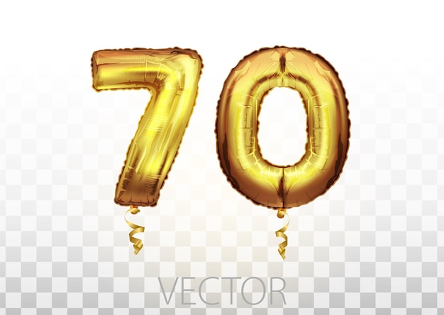 Gouden folie nummer zeventig metalen ballon. feestdecoratie gouden ballonnen. verjaardagsteken voor prettige vakantie, feest, verjaardag, carnaval, nieuwjaar. ballon met metallic design.