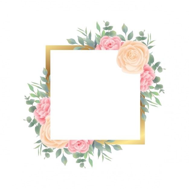 Vector gouden frame met aquarel bloemen en bladdecoraties voor de bruiloft uitnodigingskaartsjabloon