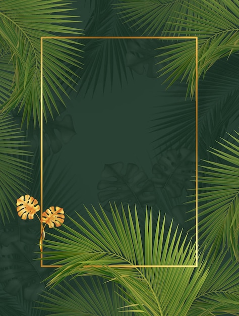 Gouden frame op donkergroene achtergrond van palmbladeren en monstera vectorillustratie met texture