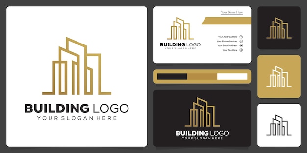 Gouden gebouw logo ontwerpsjabloon combinatie lijntekeningen en visitekaartje