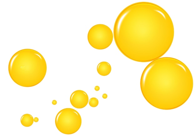 Gouden, gele oliedruppels, bubbels vectorillustratie. olie en water borrelt achtergrond.