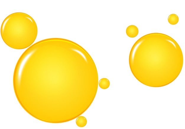 Gouden, gele oliedruppels, bubbels vectorillustratie. Olie en water borrelt achtergrond.
