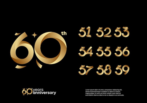 gouden gelukkige verjaardag logo set. 51, 52, 53, 54, 55, 56, 57, 58, 59, 60